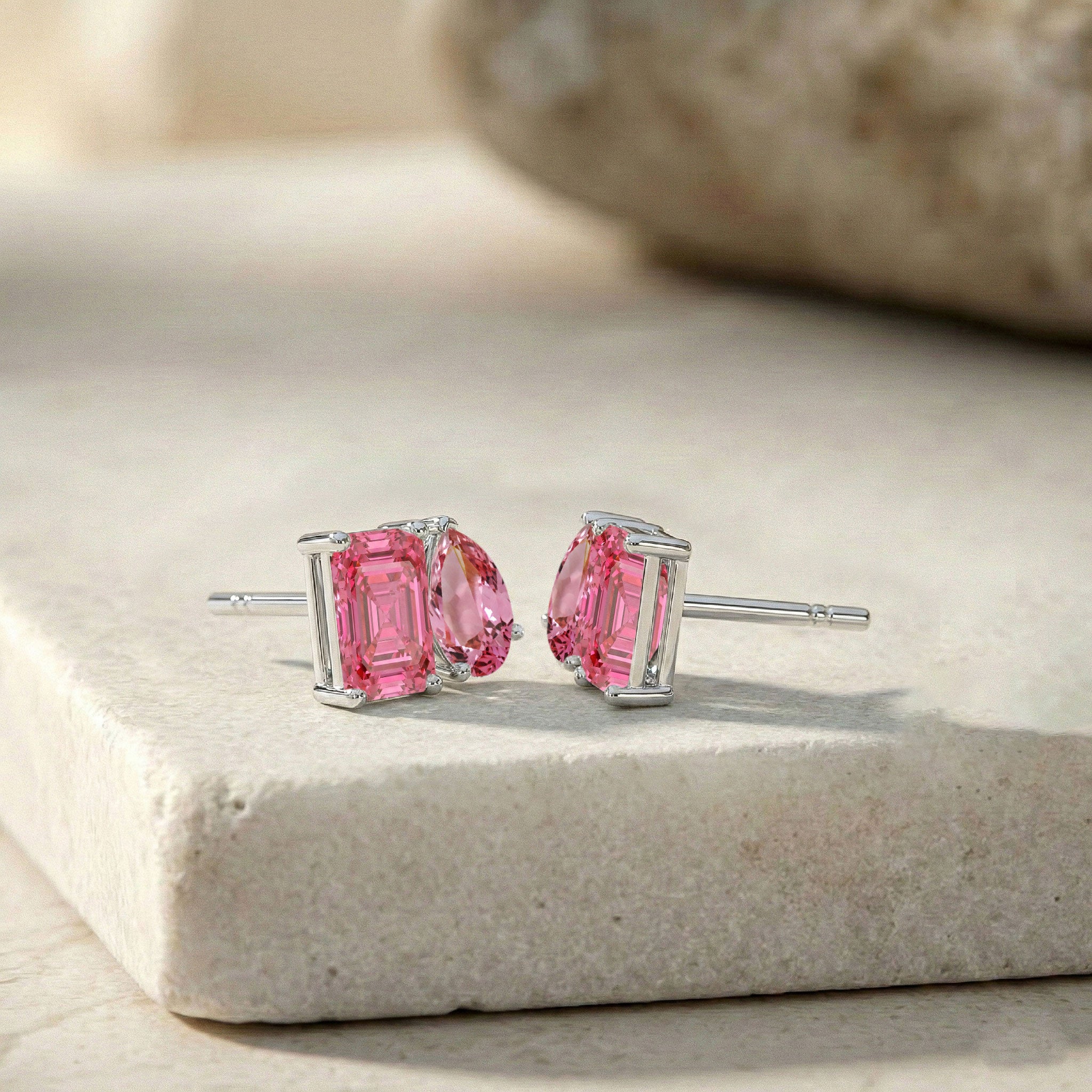 Pink Tourmaline Pear and Octagon Stud Earrings in 925 Sterling Silver 6*4MM 2ct