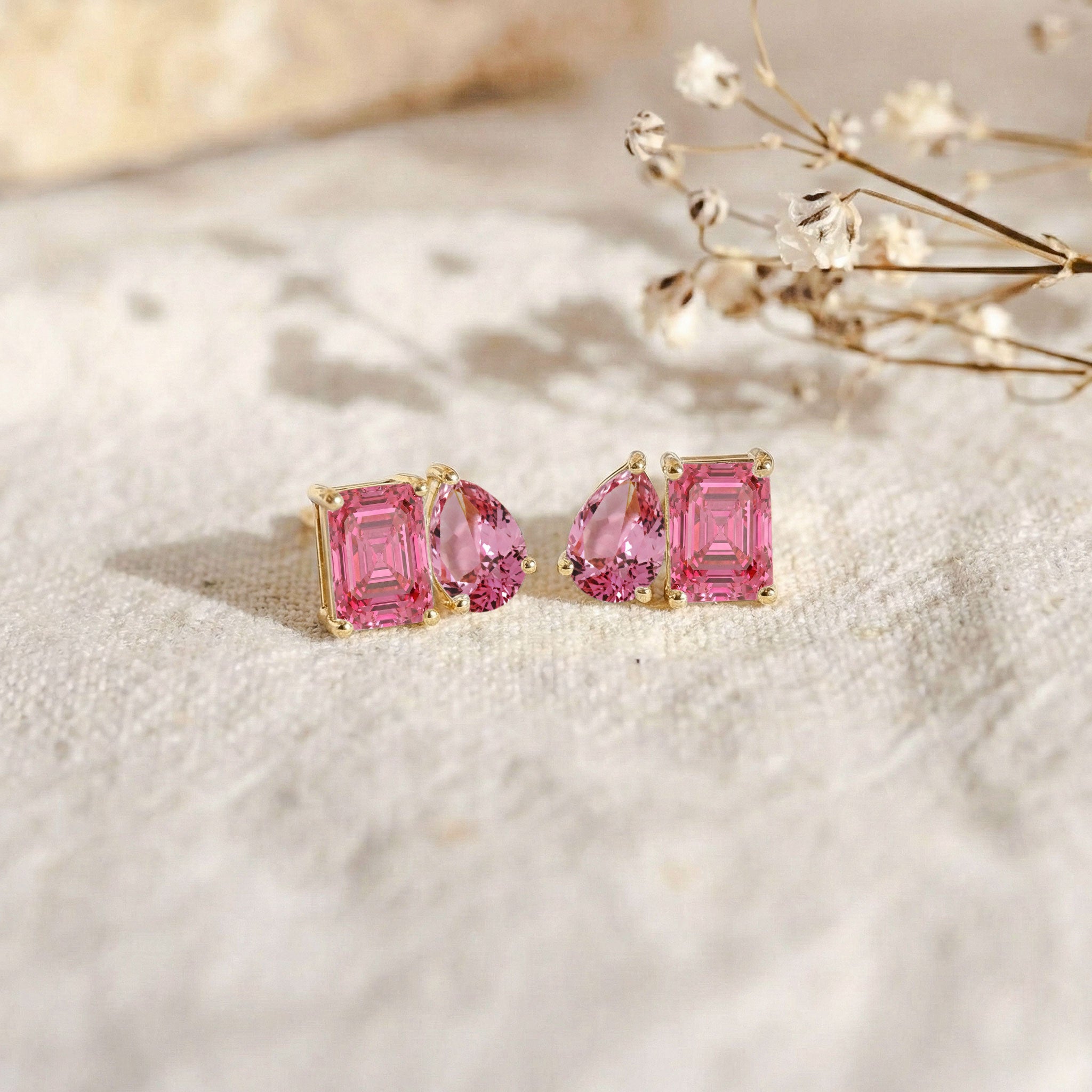 Pink Tourmaline Pear and Octagon Stud Earrings in 925 Sterling Silver 6*4MM 2ct