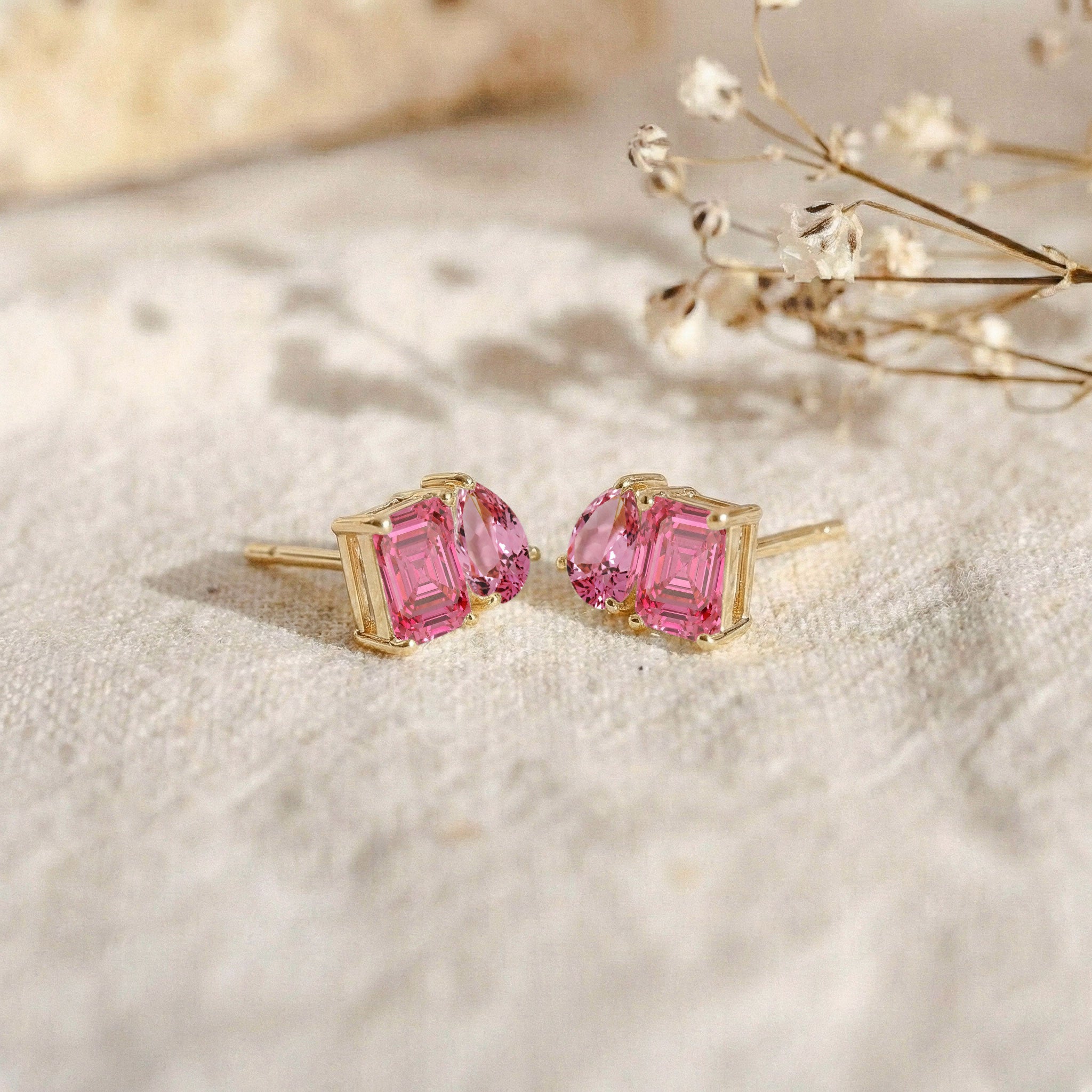 Pink Tourmaline Pear and Octagon Stud Earrings in 925 Sterling Silver 6*4MM 2ct