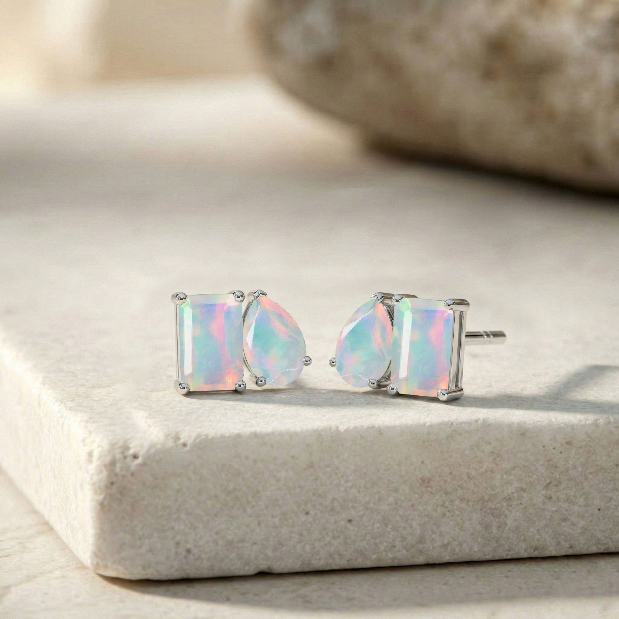 White Opal Pear and Octagon Stud Earrings in 925 Sterling Silver 6*4MM 2ct
