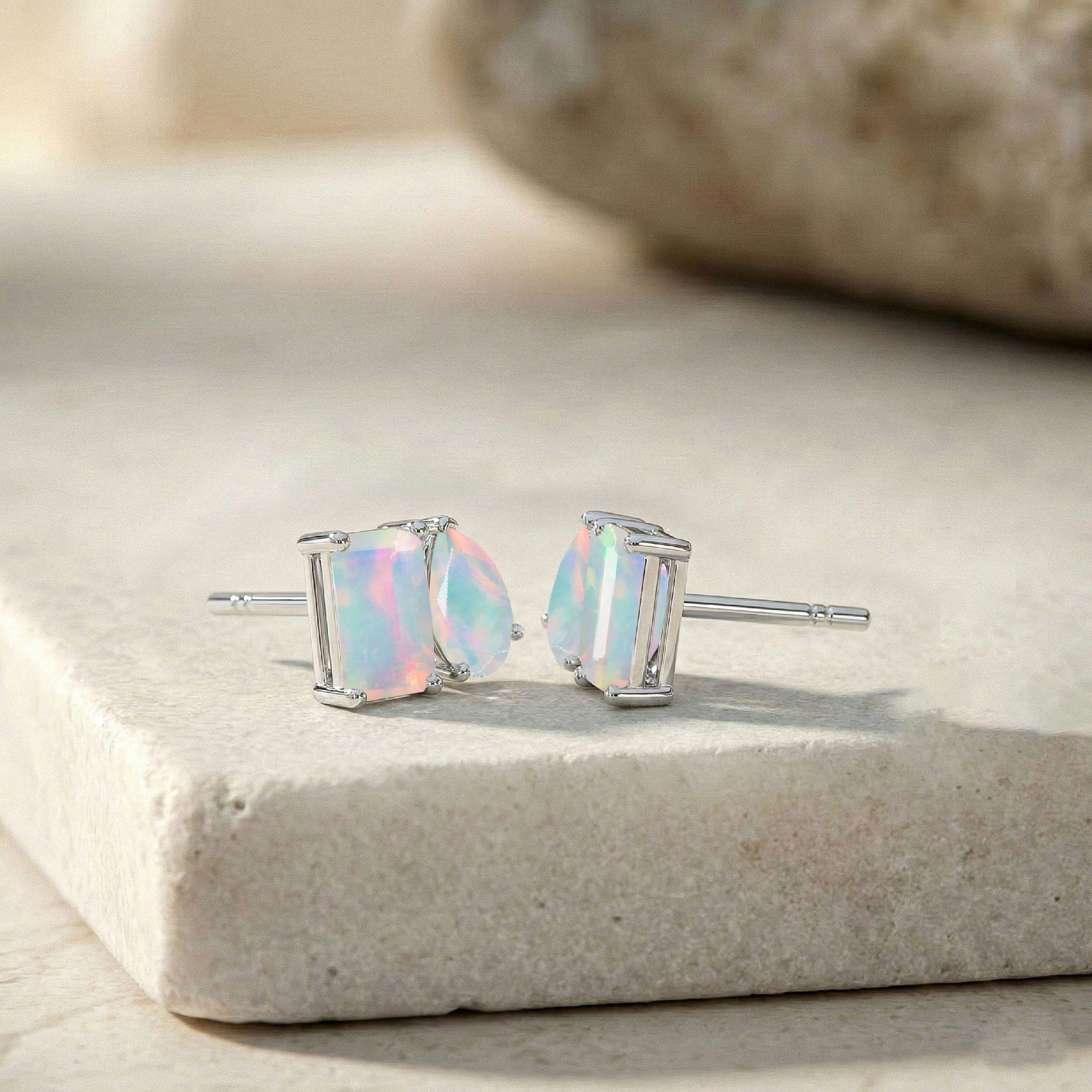 White Opal Pear and Octagon Stud Earrings in 925 Sterling Silver 6*4MM 2ct