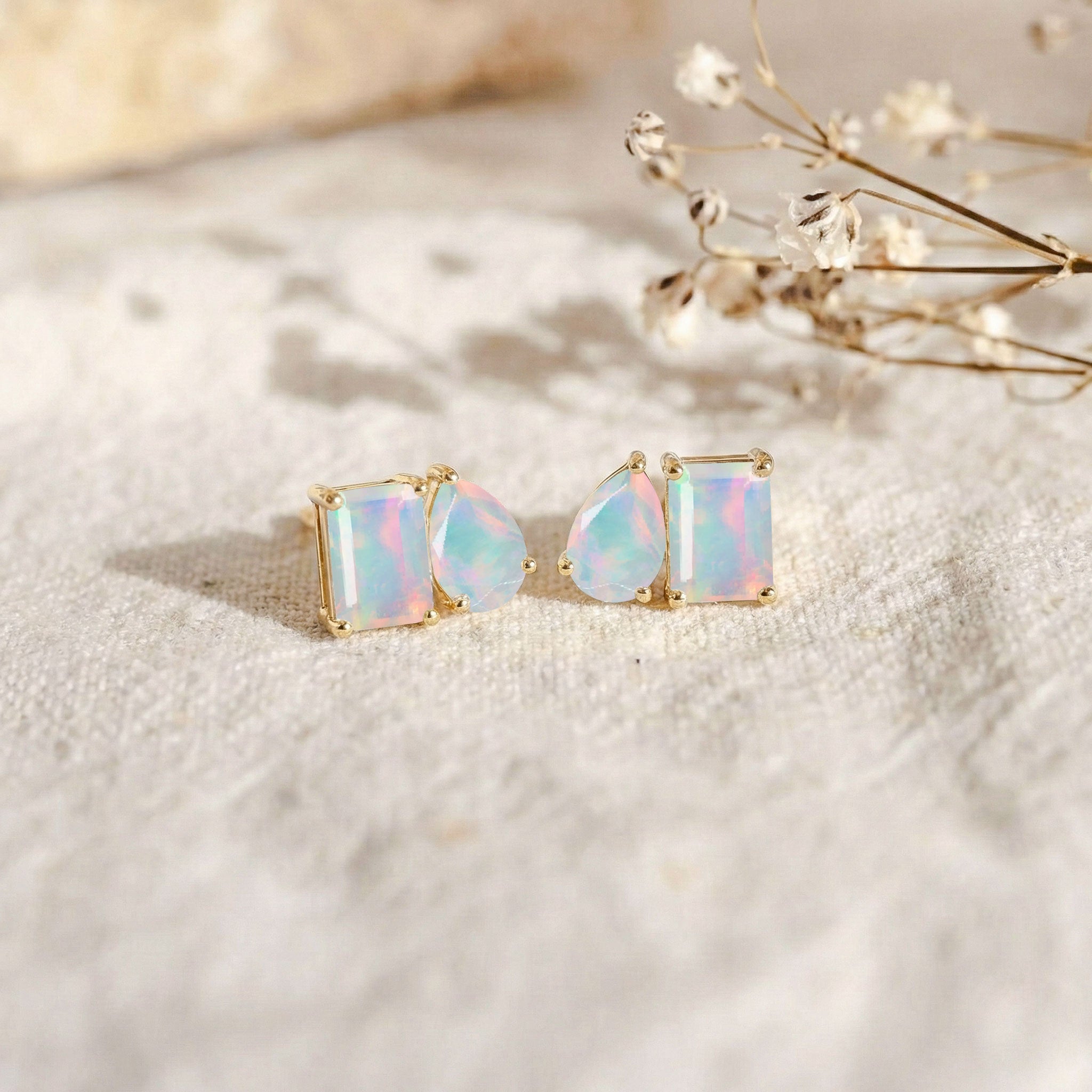 White Opal Pear and Octagon Stud Earrings in 925 Sterling Silver 6*4MM 2ct