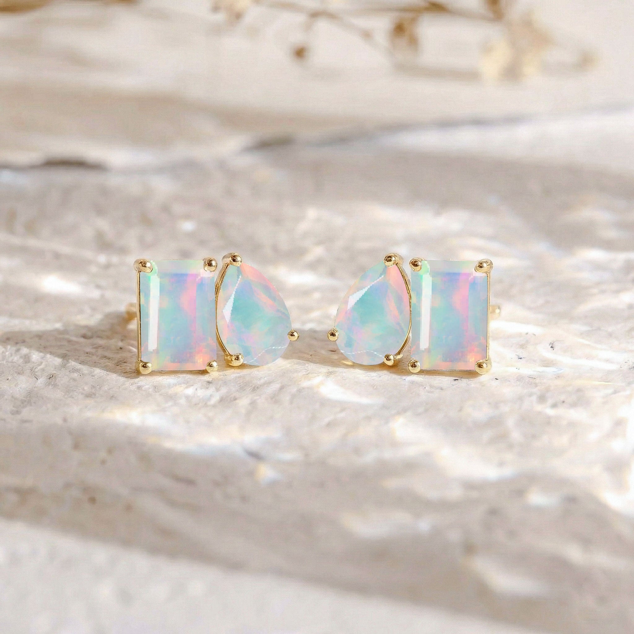 White Opal Pear and Octagon Stud Earrings in 925 Sterling Silver 6*4MM 2ct