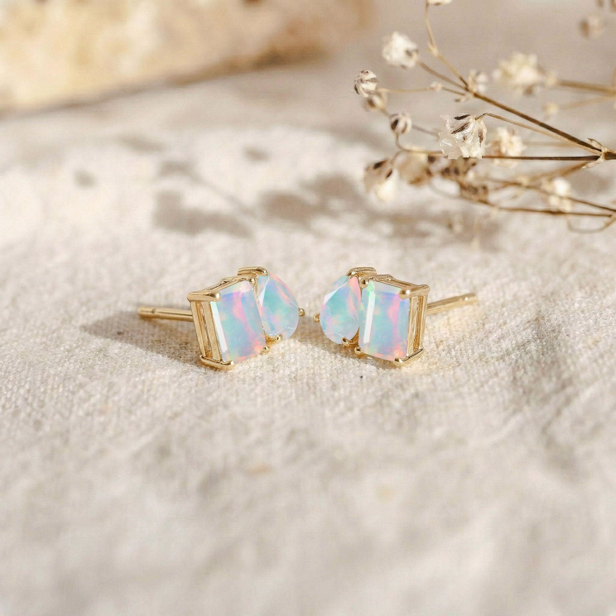 White Opal Pear and Octagon Stud Earrings in 925 Sterling Silver 6*4MM 2ct