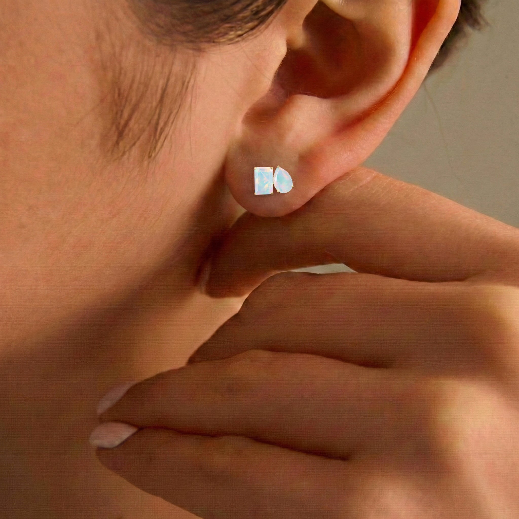 White Opal Pear and Octagon Stud Earrings in 925 Sterling Silver 6*4MM 2ct