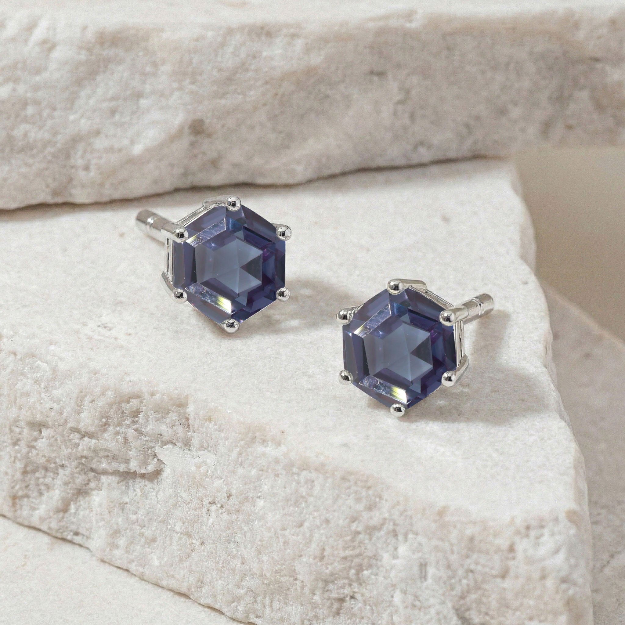 Hexagon alexandrite earrings 2ct 925 silver