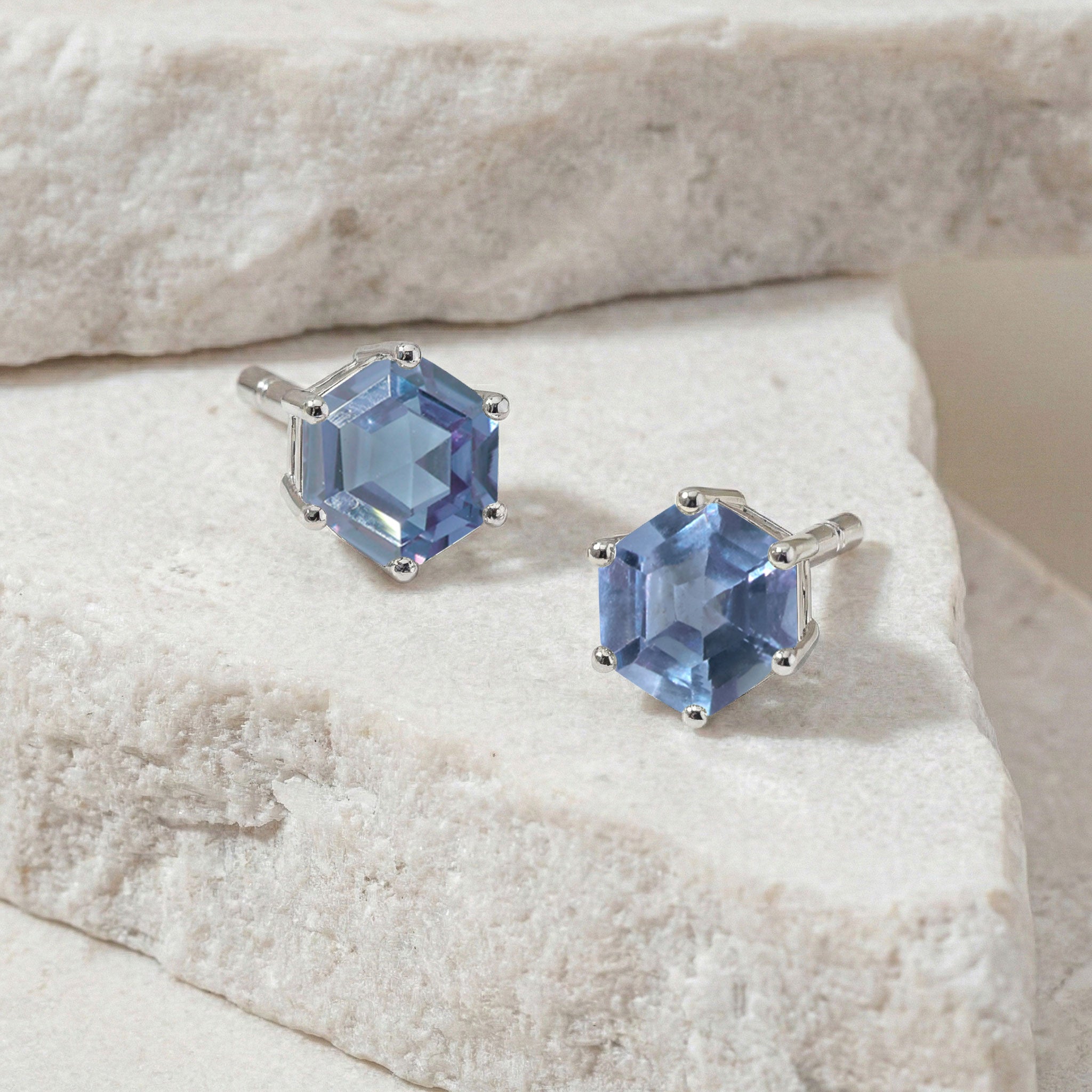 Alexandrite Hexagon Stud Earring in 925 Sterling Silver 6 MM 2ct