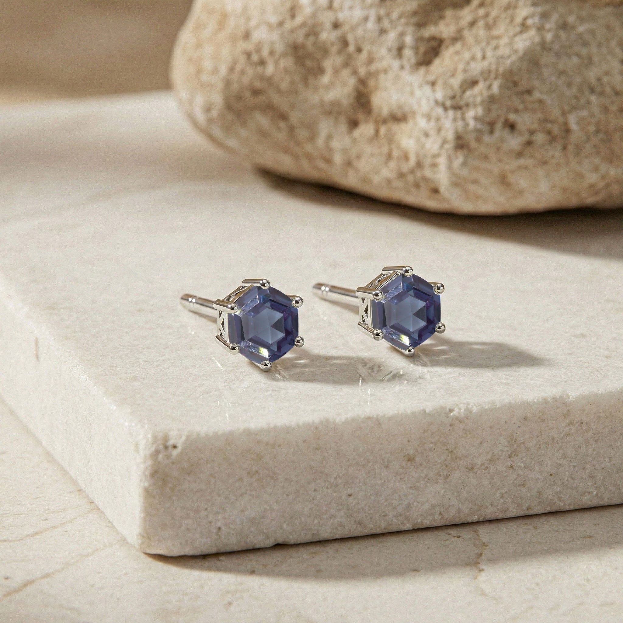 Alexandrite Hexagon Stud Earring in 925 Sterling Silver 6 MM 2ct