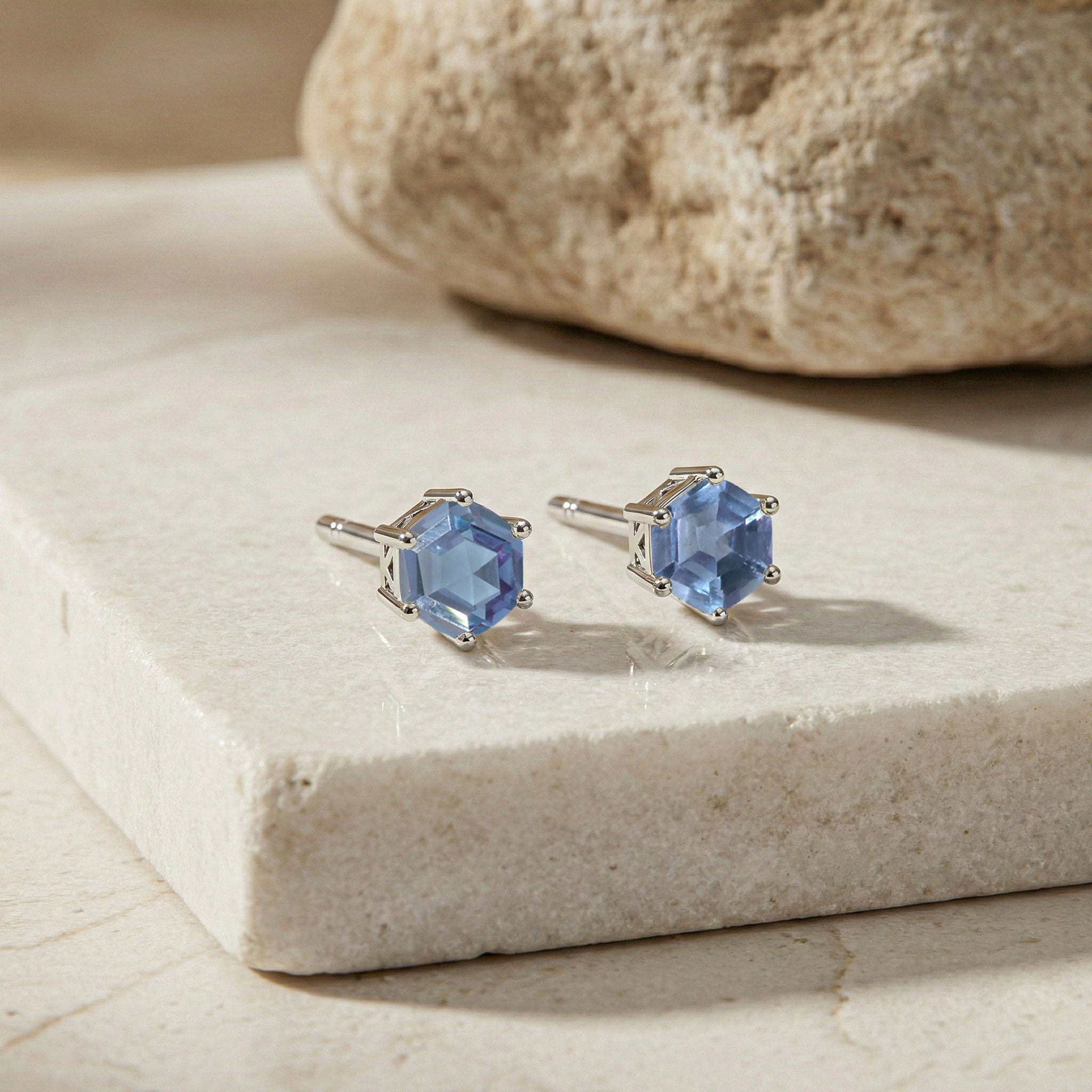 Alexandrite Hexagon Stud Earring in 925 Sterling Silver 6 MM 2ct
