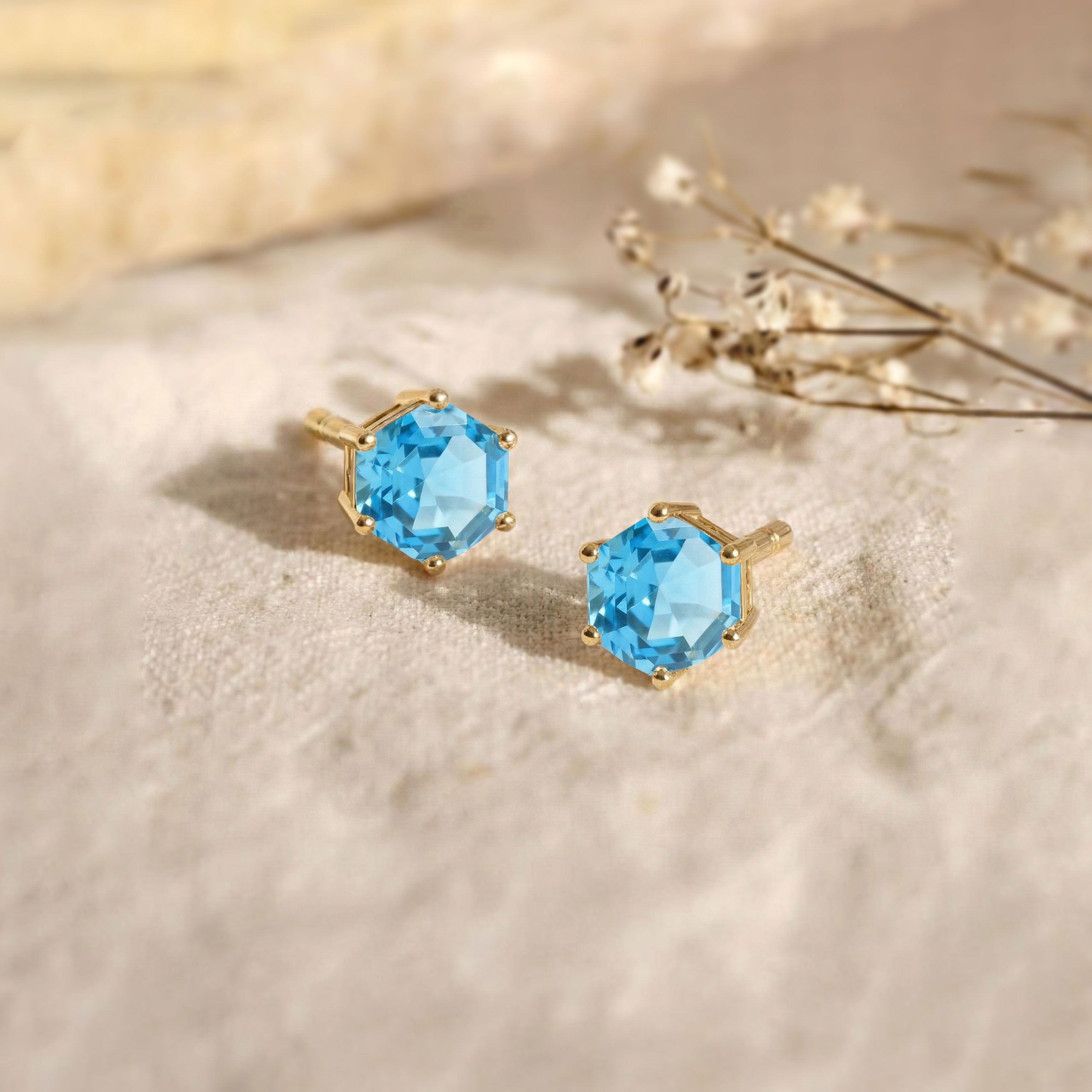 Blue Topaz Hexagon Stud Earring in 925 Sterling Silver 6 MM 2ct