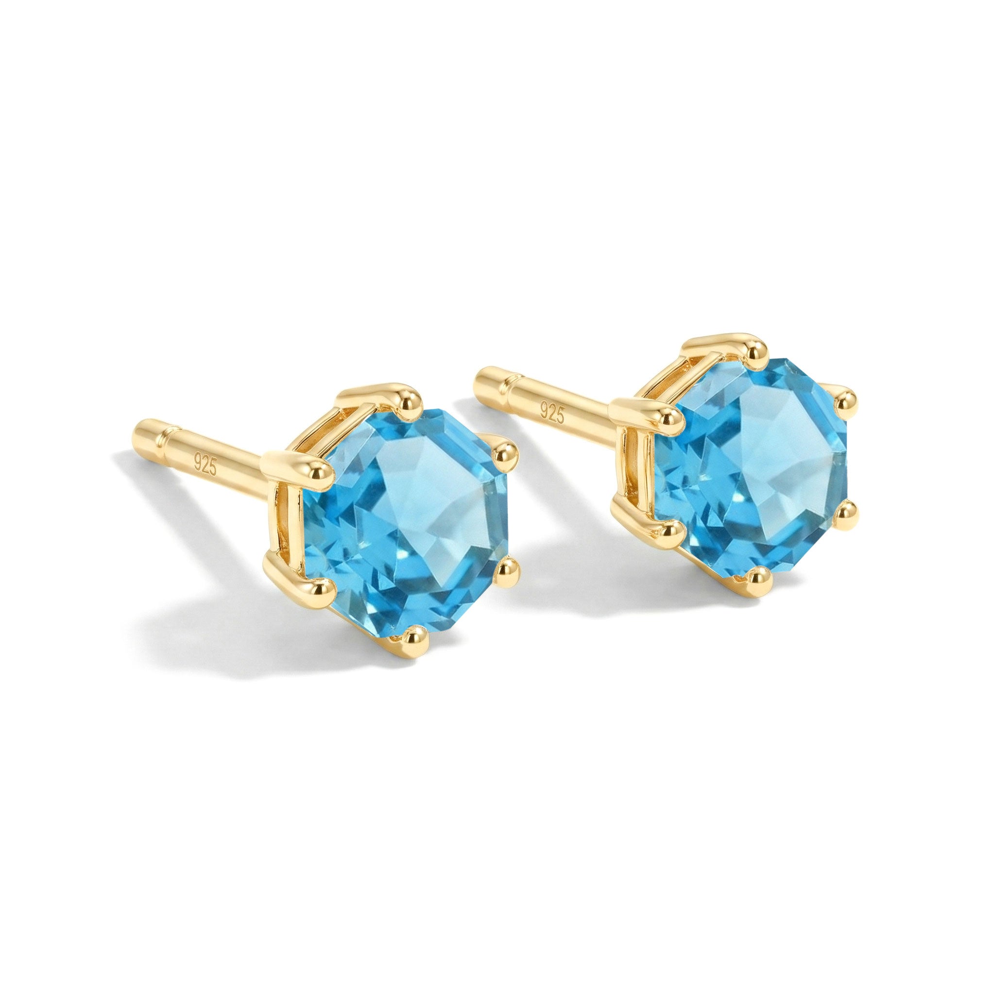 Blue Topaz Hexagon Stud Earring in 925 Sterling Silver 6 MM 2ct