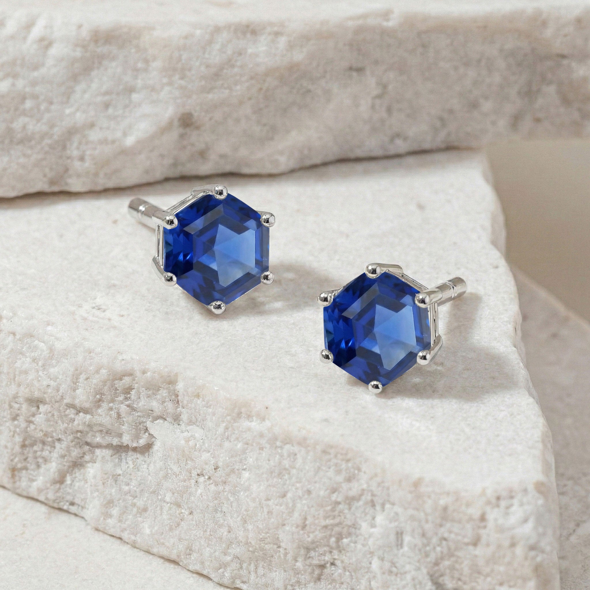 Sapphire Stud Earrings Hexagon Silver Design