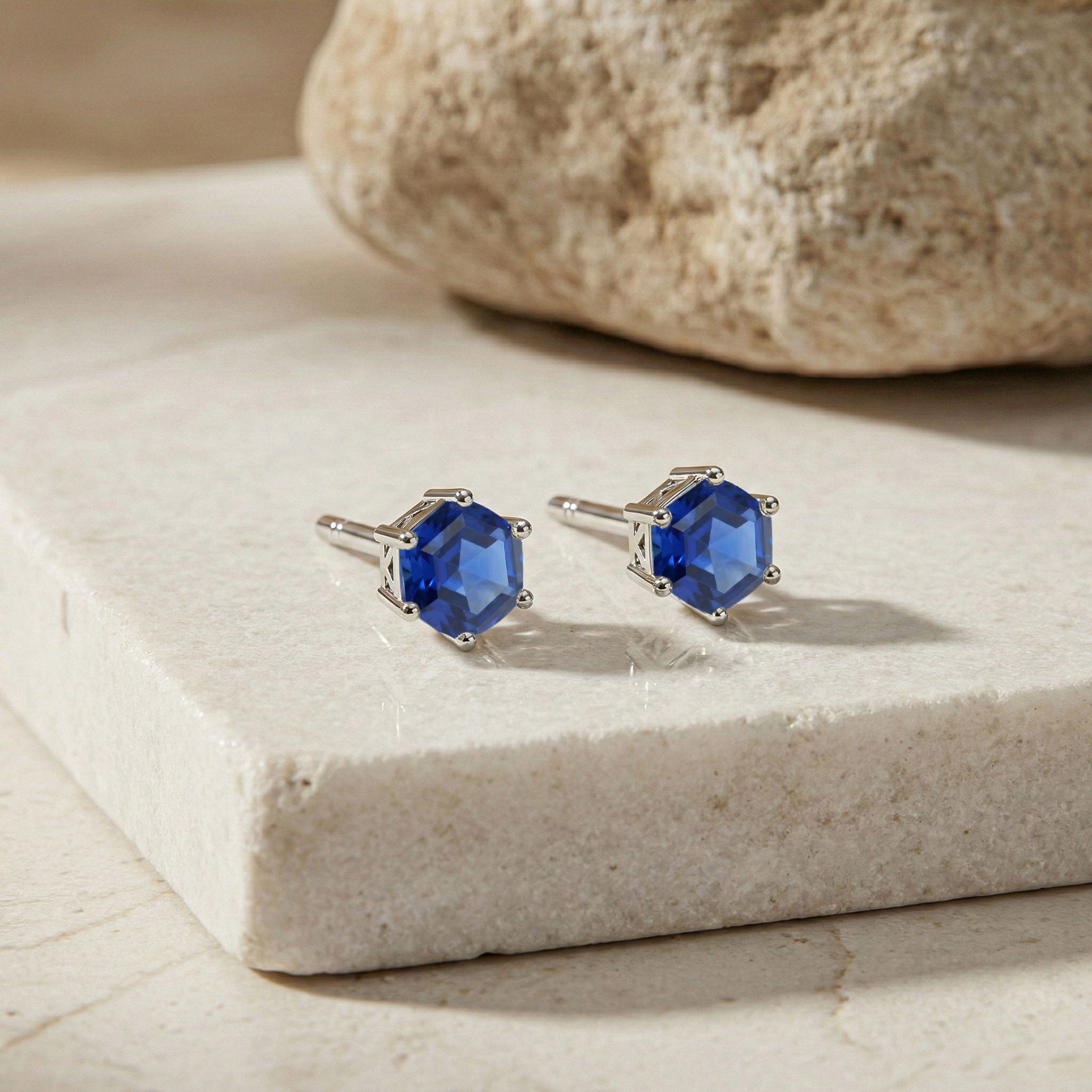 Blue Sapphire Hexagon Stud Earring in 925 Sterling Silver 6 MM 2ct