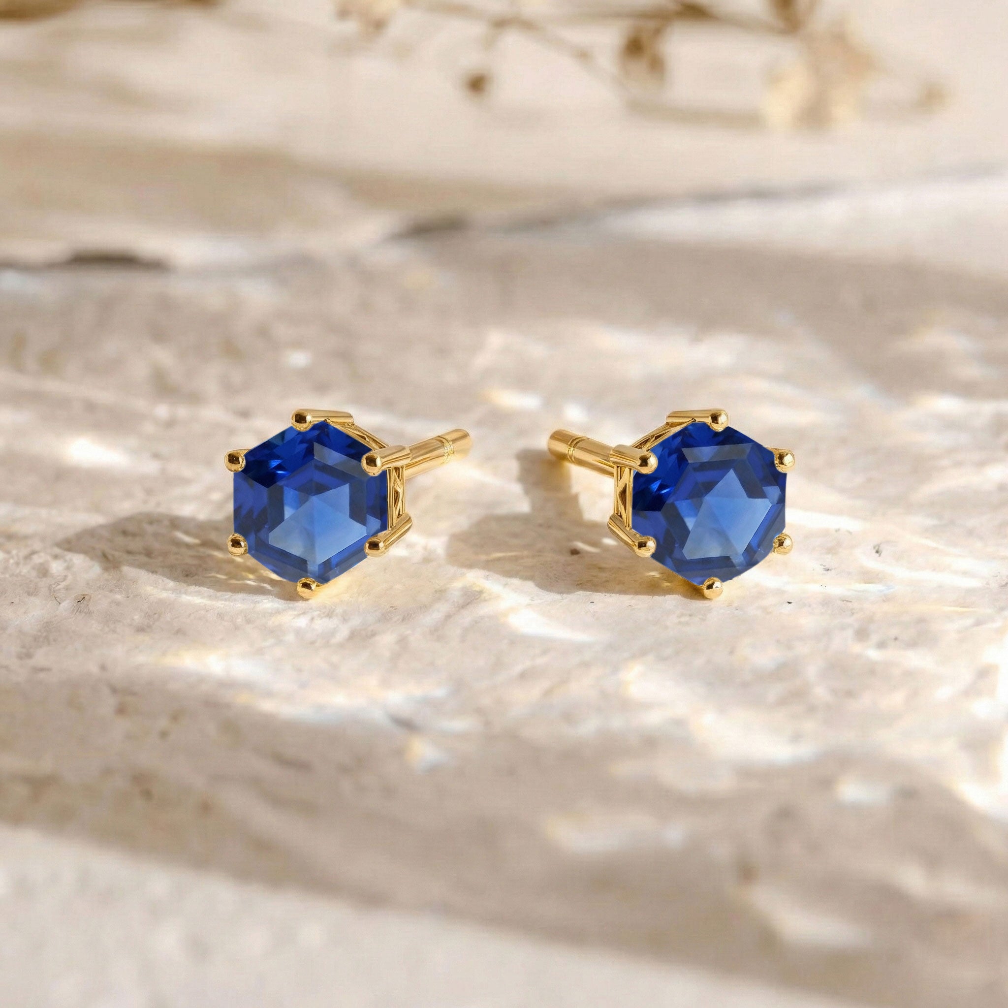 Blue Sapphire Hexagon Stud Earring in 925 Sterling Silver 6 MM 2ct