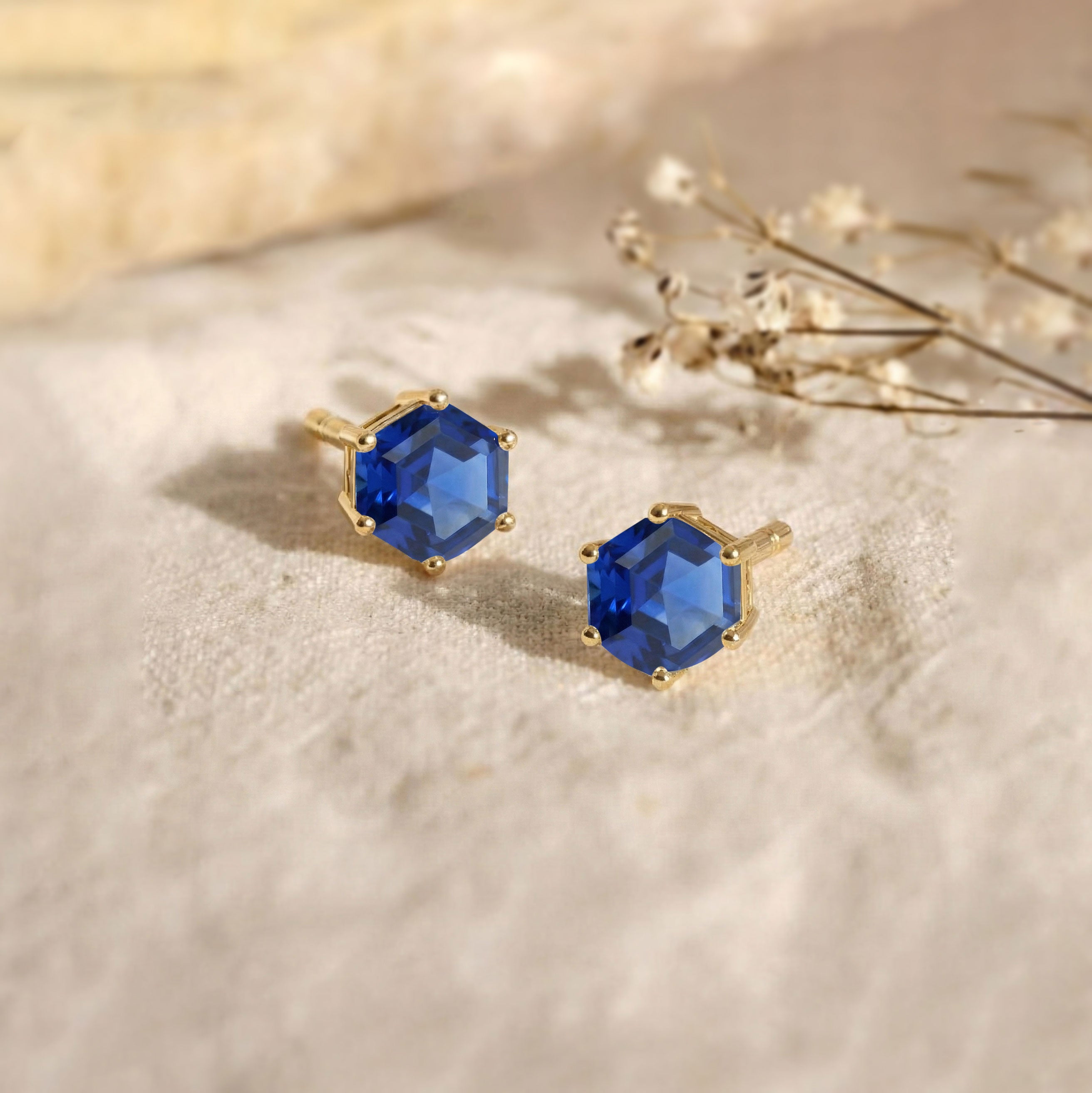 Blue Sapphire Hexagon Stud Earring in 925 Sterling Silver 6 MM 2ct