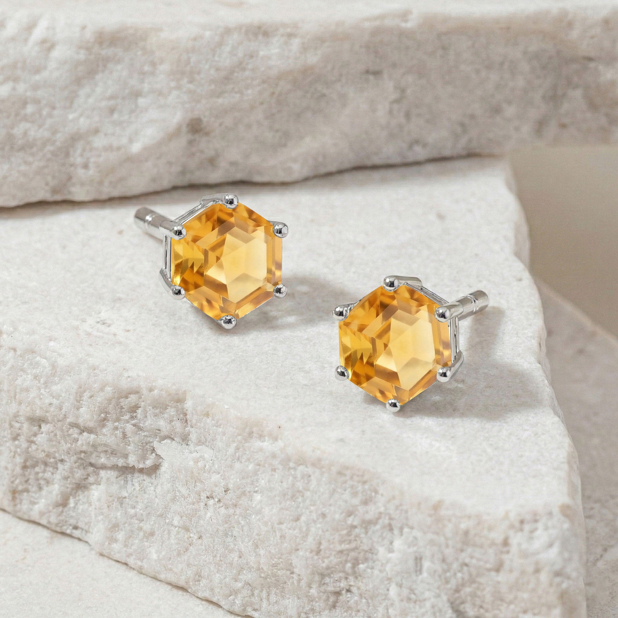 Citrine Hexagon Stud Earring in 925 Sterling Silver 6 MM 2ct