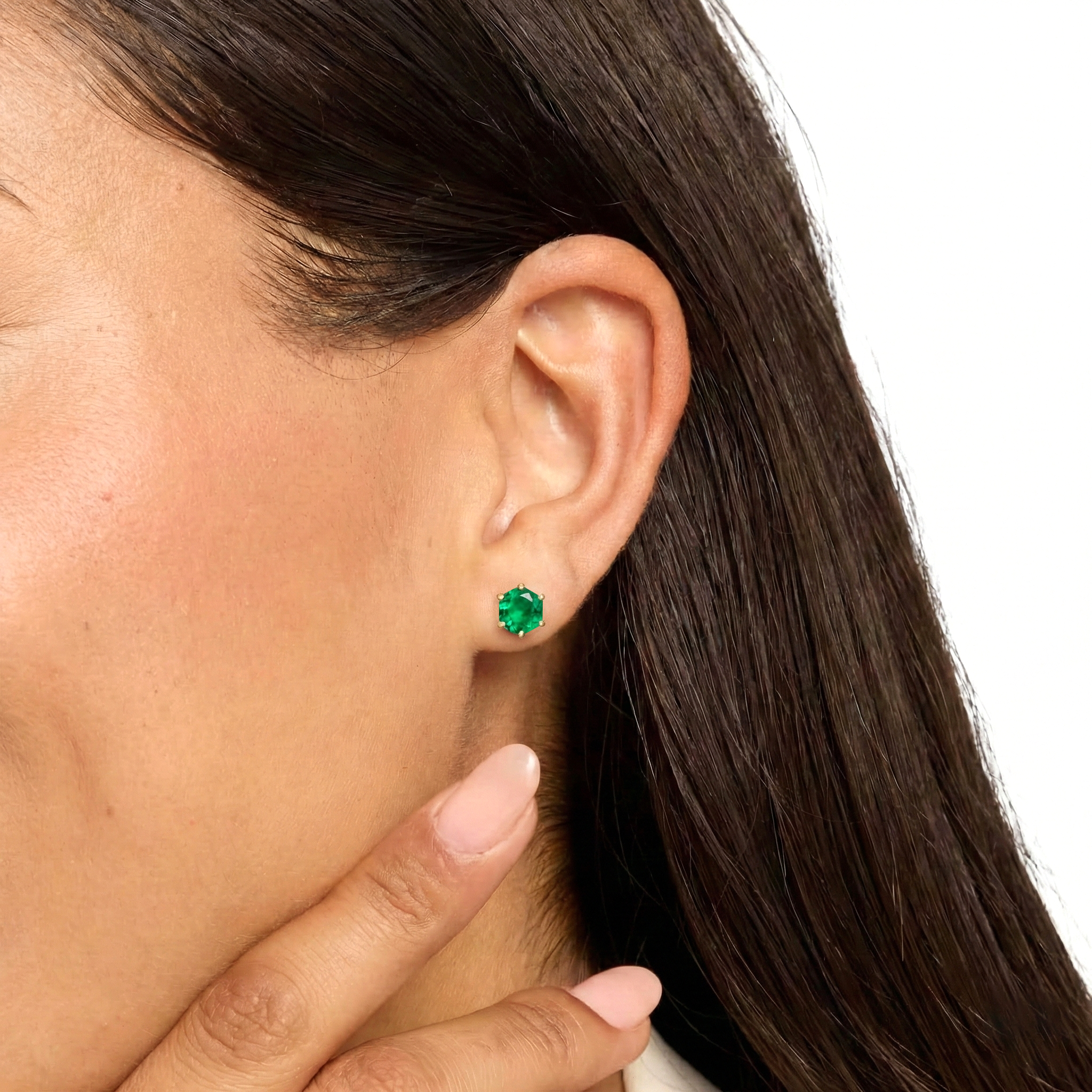Emerald Hexagon Stud Earring in 925 Sterling Silver 6 MM 2ct