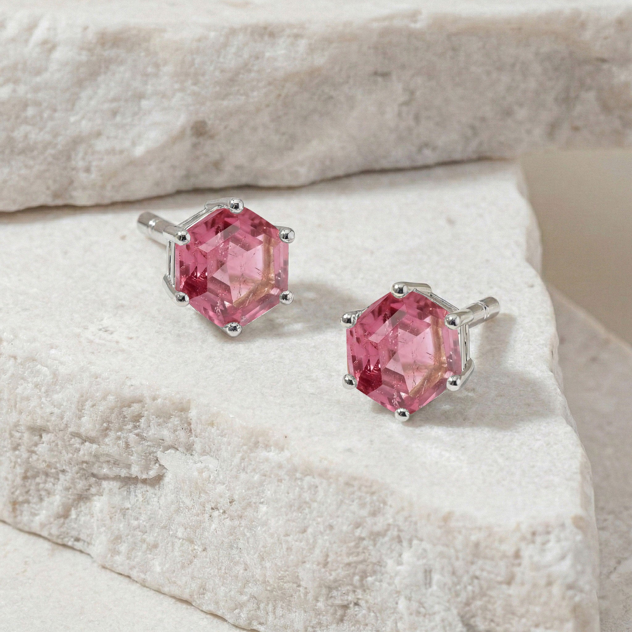 Tourmaline Hexagon Stud Earring in 925 Sterling Silver 6 MM 2ct