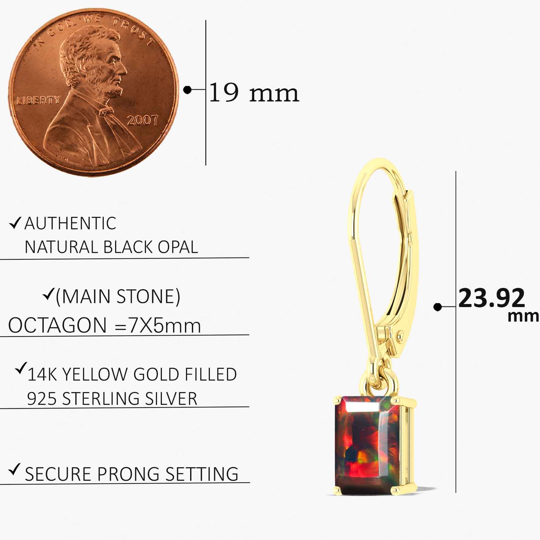 Black Fire Opal Octagon Drop Dangle Earrings