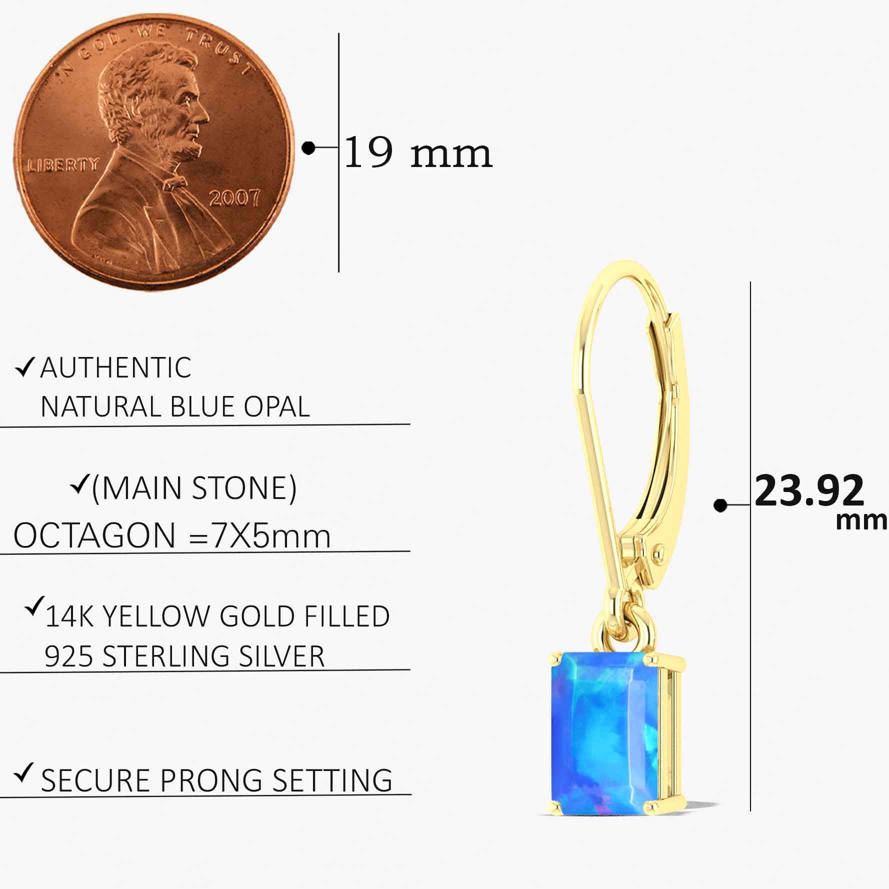 Blue Fire Opal Octagon Drop Dangle Earrings