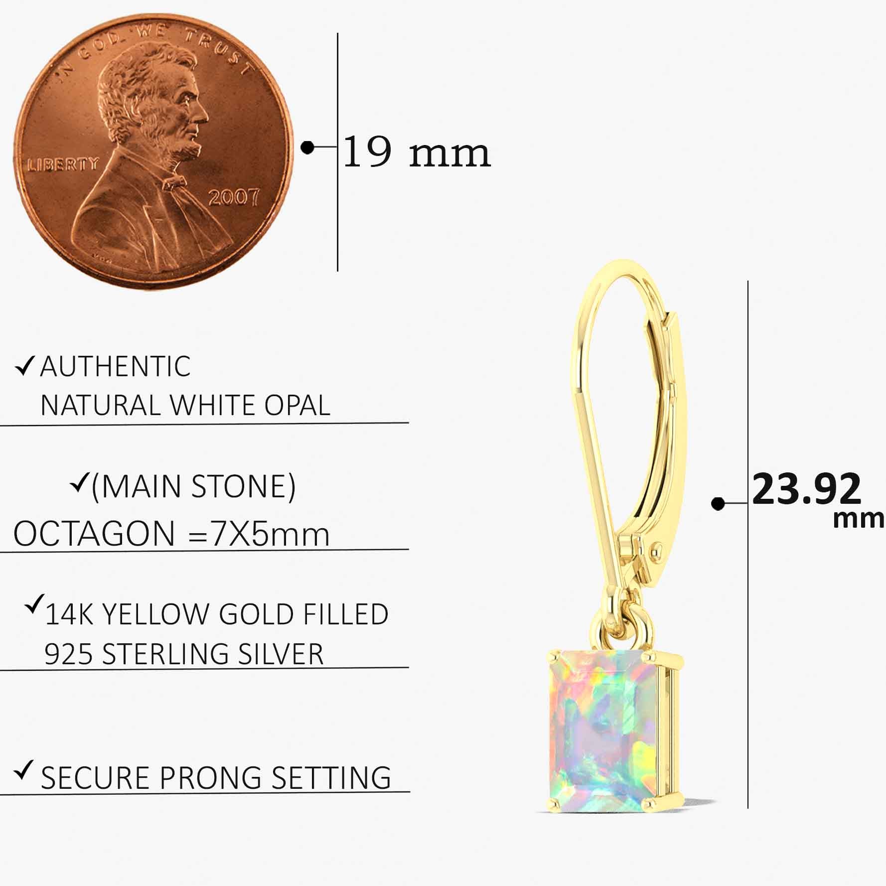 White Fire Opal Octagon Drop Dangle Earrings