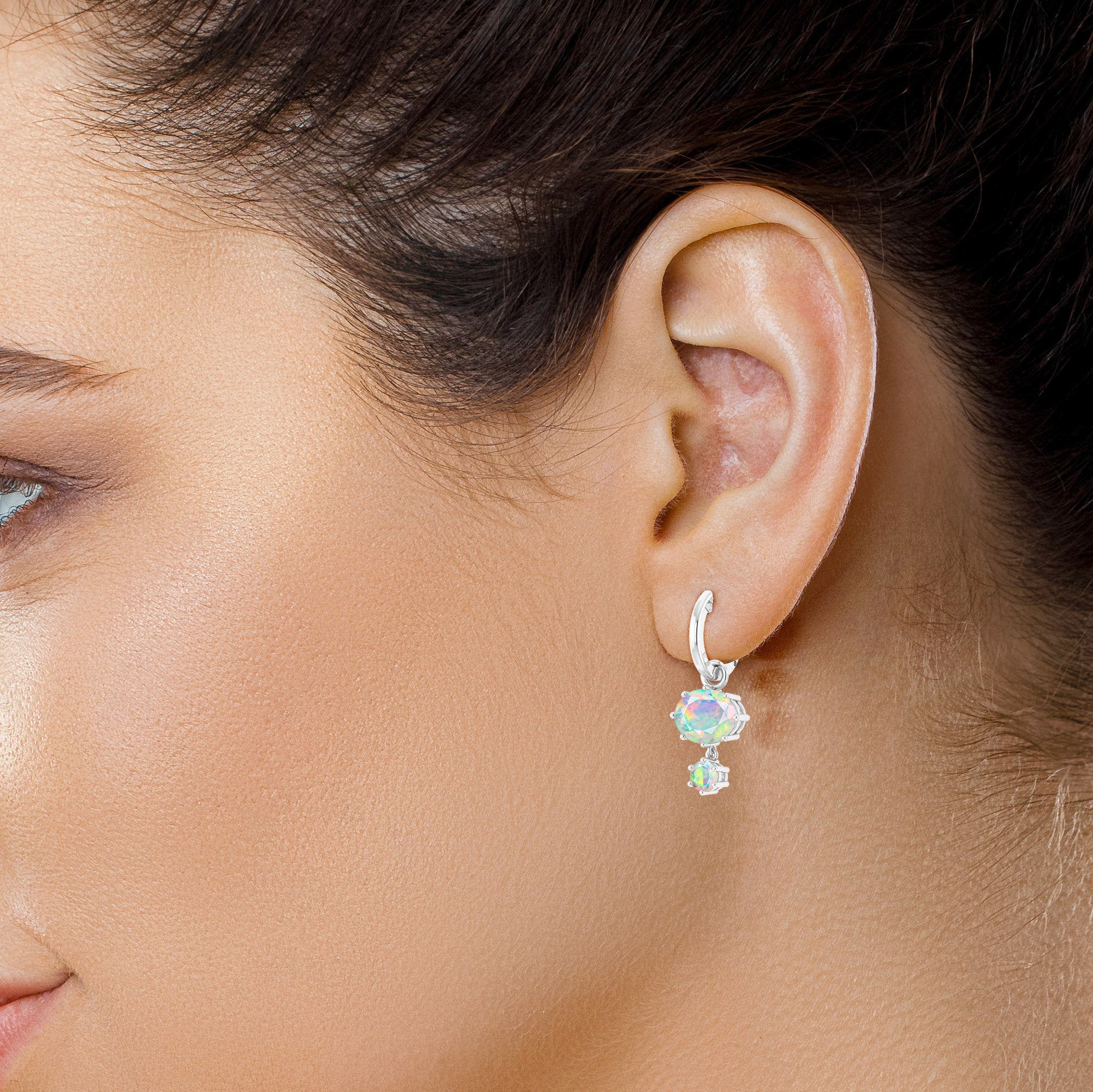 White Fire Opal Dual Round Stone Hoop Earrings