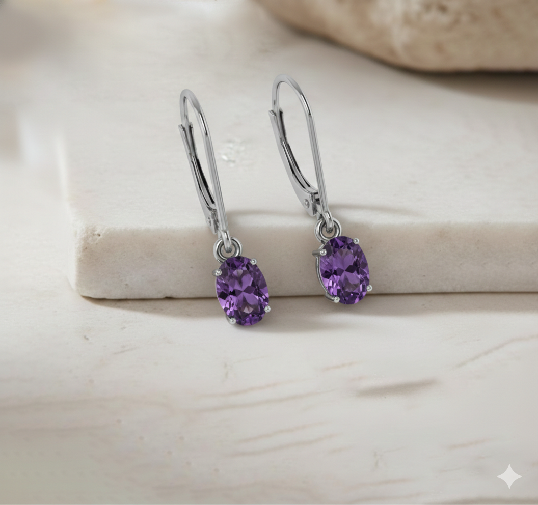 Amethyst Oval Dangle Earring in 925 Sterling Silver 8X6 MM 2.4ct