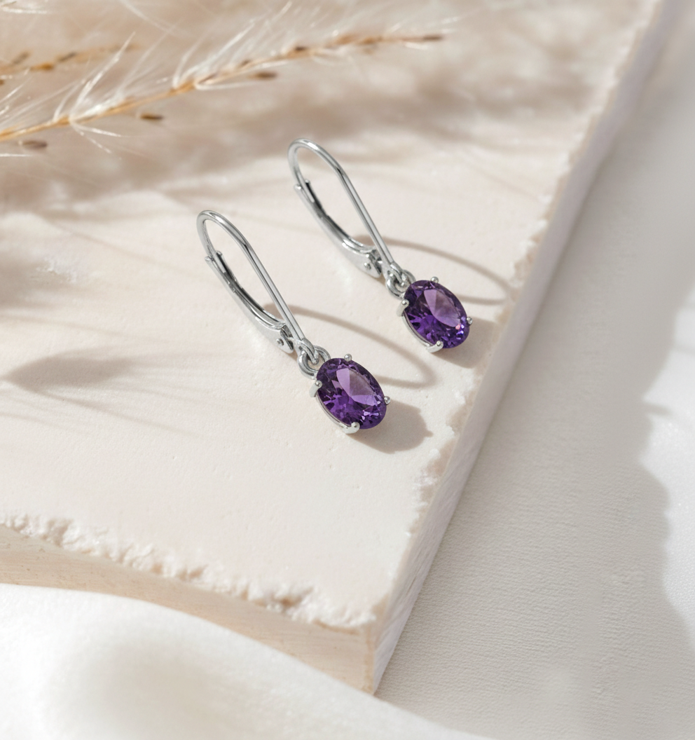 Amethyst Oval Dangle Earring in 925 Sterling Silver 8X6 MM 2.4ct