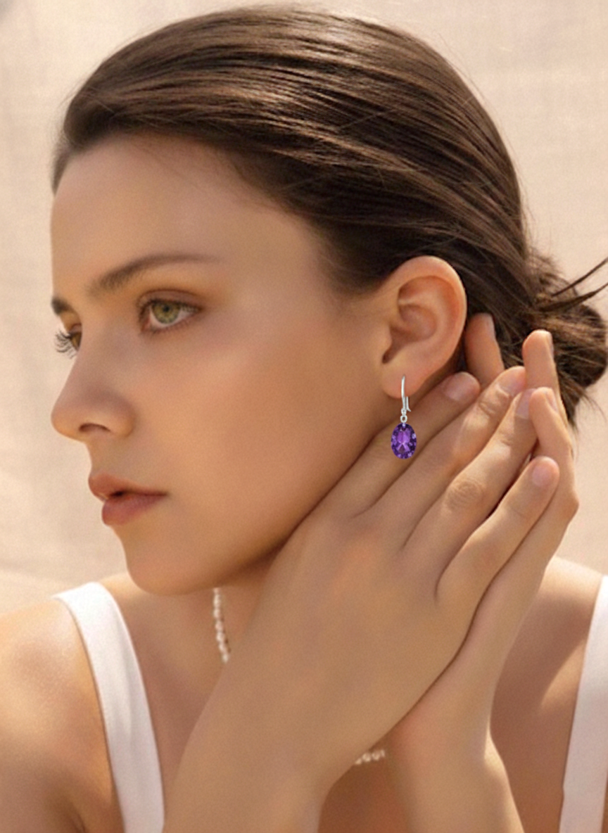 Amethyst Oval Dangle Earring in 925 Sterling Silver 8X6 MM 2.4ct