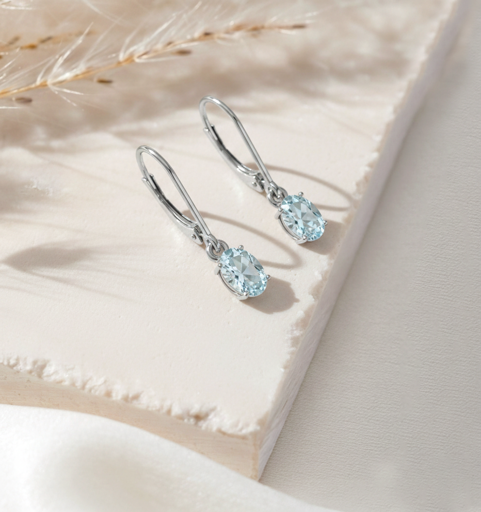 Aquamarine Oval Dangle Earring in 925 Sterling Silver 8X6 MM 2.4ct