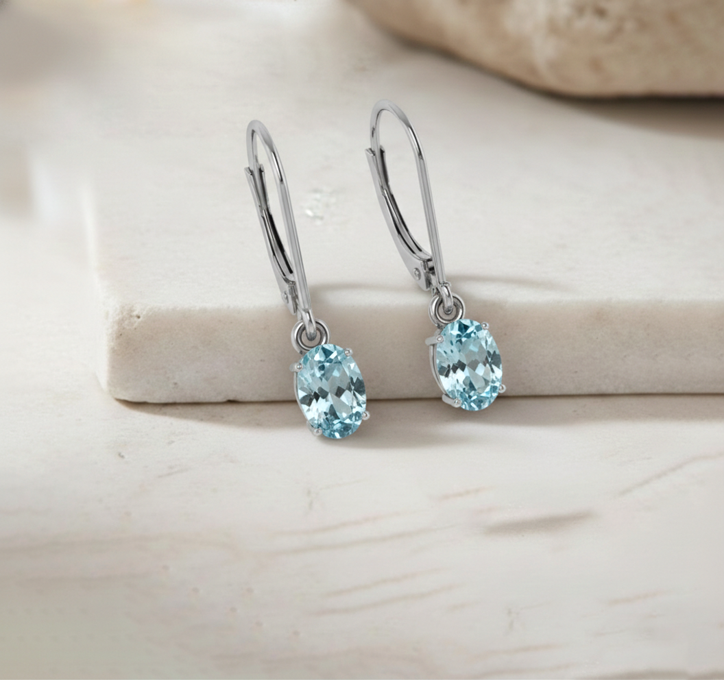 Aquamarine Oval Dangle Earring in 925 Sterling Silver 8X6 MM 2.4ct