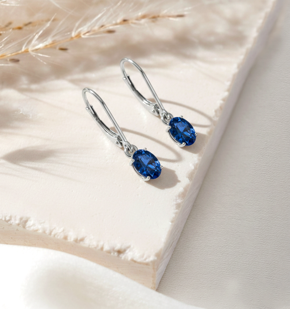 Blue Sapphire Oval Dangle Earring in 925 Sterling Silver 8X6 MM 2.4ct