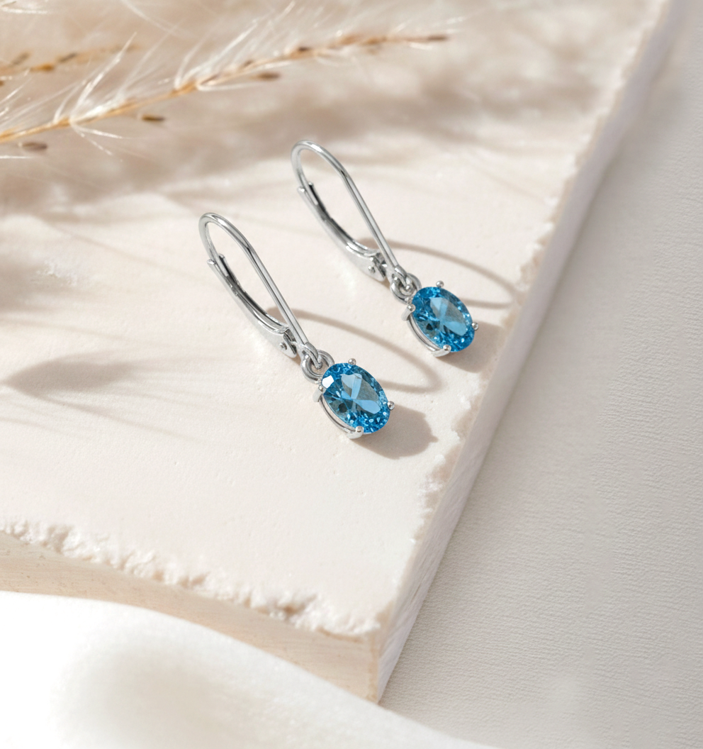 Blue Topaz Oval Dangle Earring in 925 Sterling Silver 8X6 MM 2.4ct