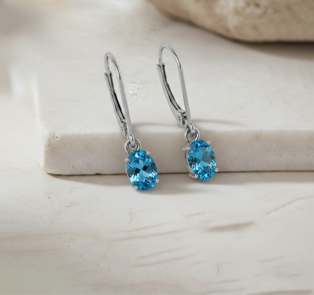 Blue Topaz Oval Dangle Earring in 925 Sterling Silver 8X6 MM 2.4ct