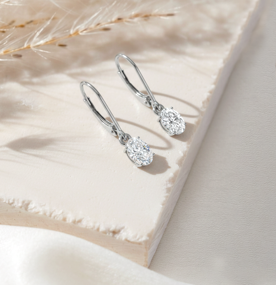 Simulated Diamond CZ Oval Dangle Earring in 925 Sterling Silver 8X6 MM 2.4ct