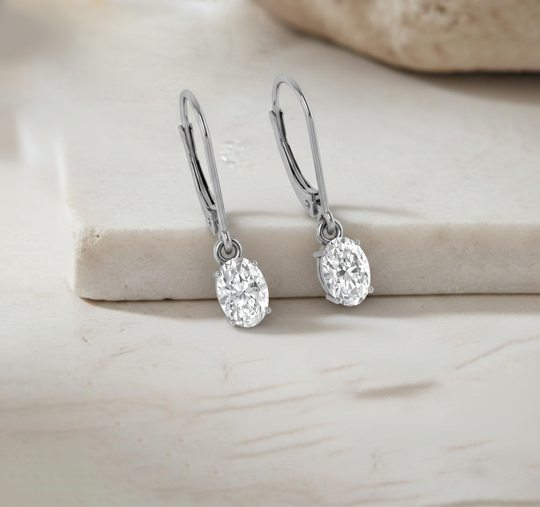 Simulated Diamond CZ Oval Dangle Earring in 925 Sterling Silver 8X6 MM 2.4ct