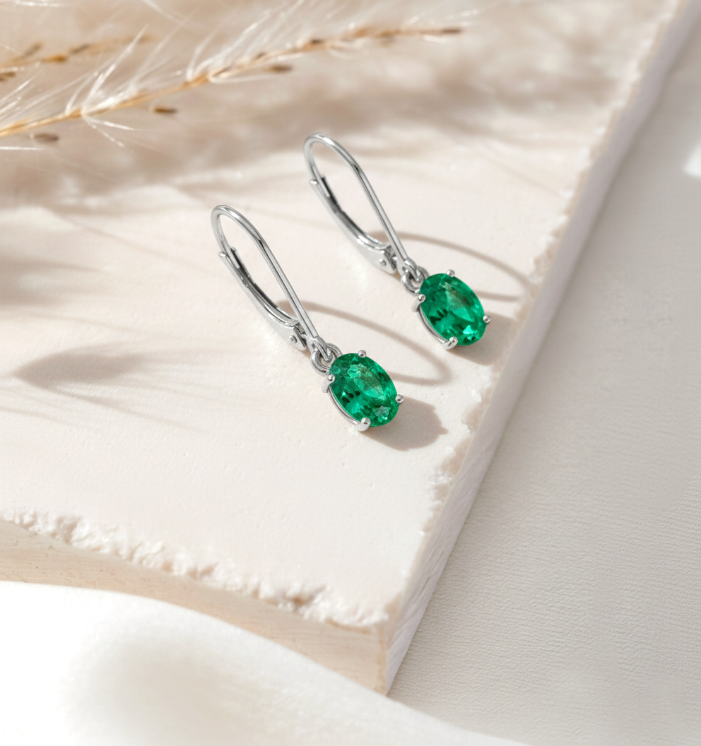 Emerald Oval Dangle Earring in 925 Sterling Silver 8X6 MM 2.4ct