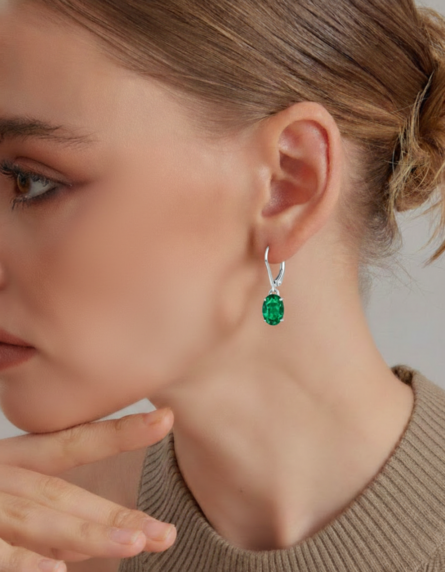 Emerald Oval Dangle Earring in 925 Sterling Silver 8X6 MM 2.4ct