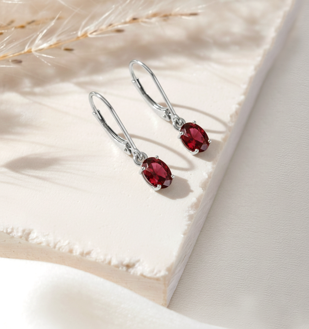 Garnet Oval Dangle Earring in 925 Sterling Silver 8X6 MM 2.4ct