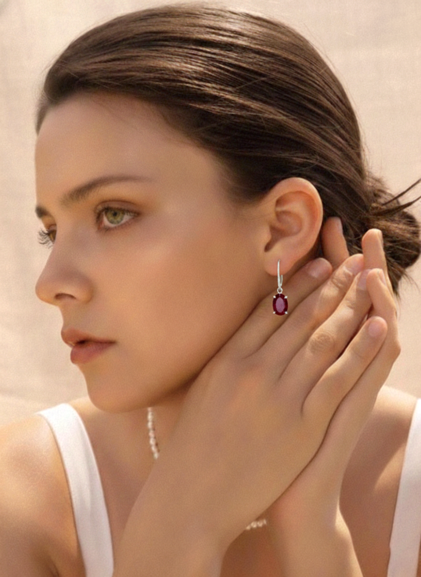 Garnet Oval Dangle Earring in 925 Sterling Silver 8X6 MM 2.4ct