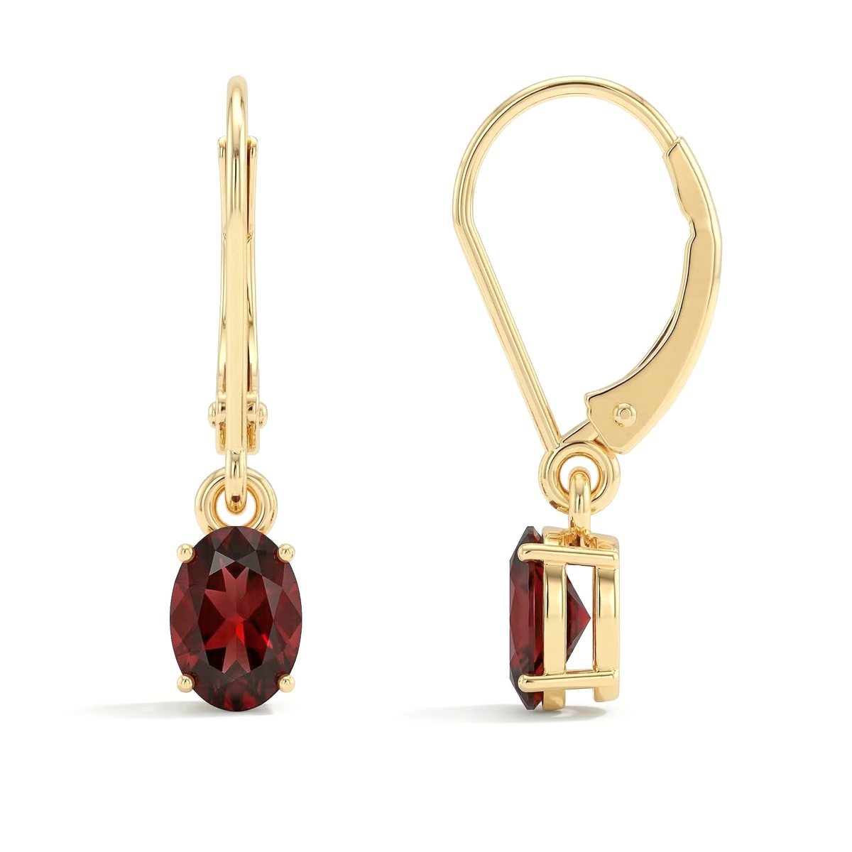 Pair of 14k gold plated brass oval solitaire dangle earrings displaying deep red gemstone shine