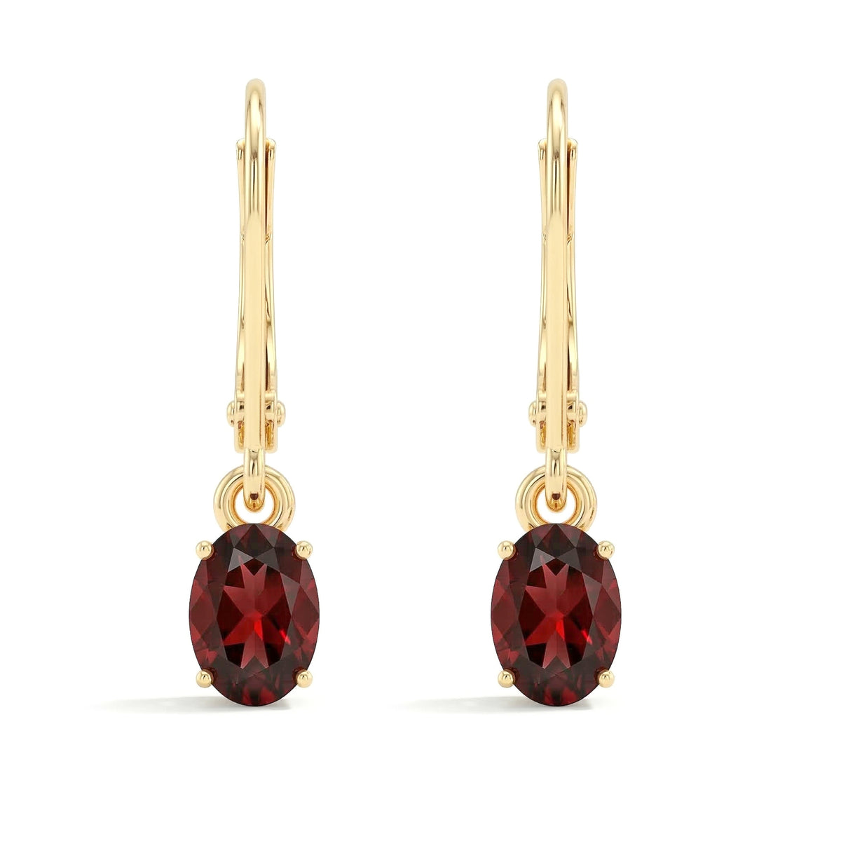 Model wearing January birthstone garnet oval drop earrings with casual everyday outfit