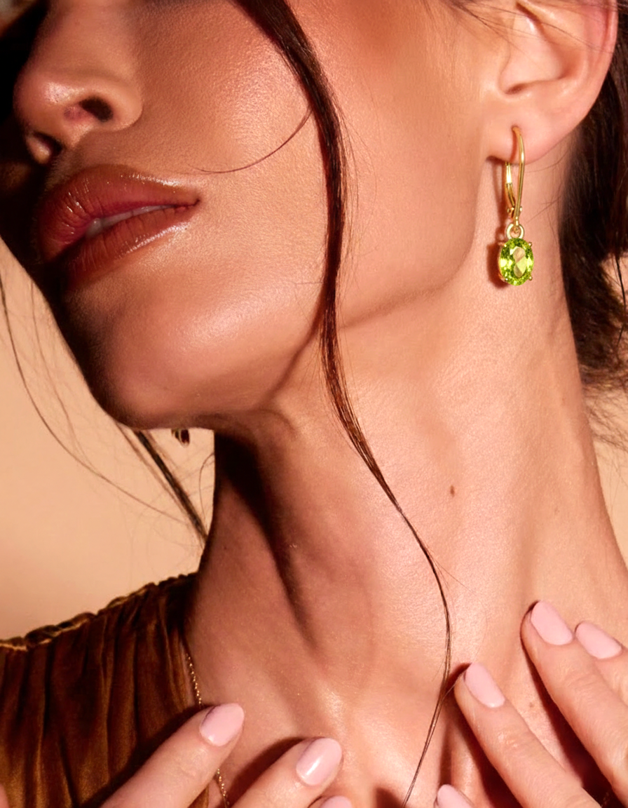 . Lightweight 2.33g 14K Gold Plated Oval Peridot August Birthstone Earrings. Side Profile of 6.30x25mm Peridot Dangle Drop Earrings 14K Gold Plated.