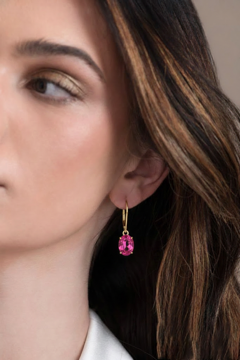 Lightweight 2.33g 14K Gold Plated Oval Pink Tourmaline October Birthstone Earrings. Side Profile of 6.30x25mm Pink Tourmaline Dangle Drop Earrings 14K Gold Plated.