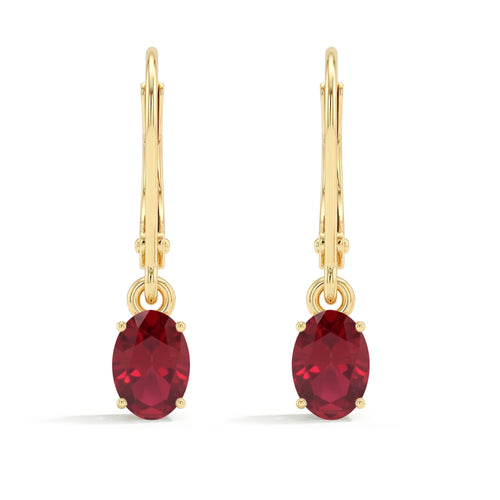 Ruby Oval Solitaire Dangle Drop Earrings | 14K Gold Plated Jewelry | Elegant July Birthstone Gift for Her