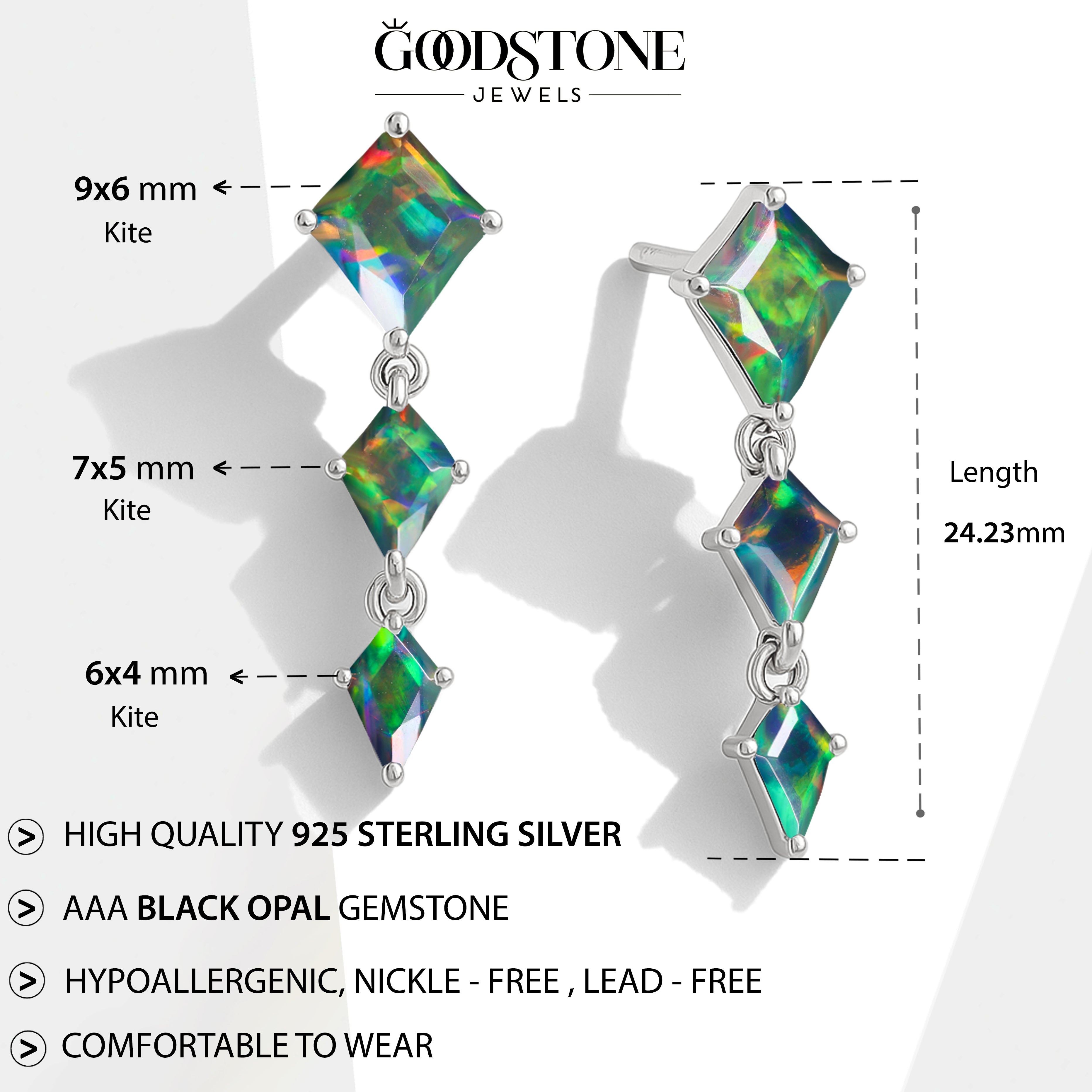 Black Opal Kite Trio Stone Drop Earrings in 925 Sterling Silver
