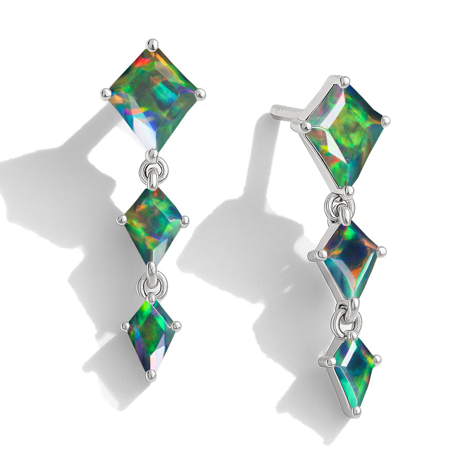 Real Black Sterling Silver Opal Kite Trio Stone Drop Earrings 