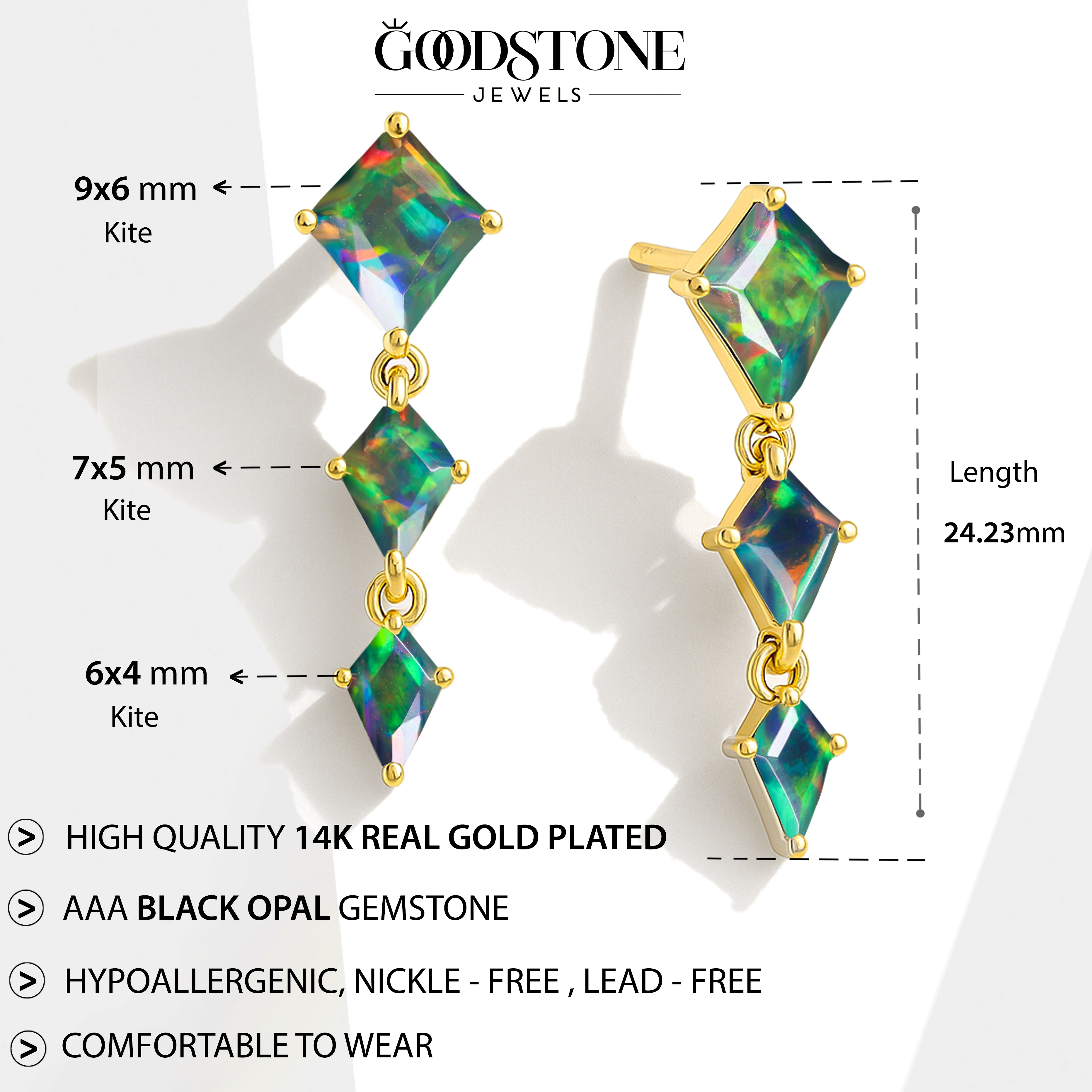 Black Opal Kite Trio Stone Drop Earrings in 925 Sterling Silver