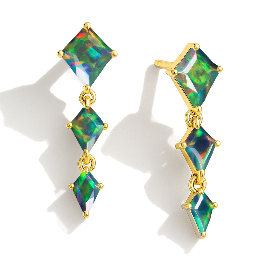 Black Opal Kite Trio Stone Drop Earrings in 925 Sterling Silver
