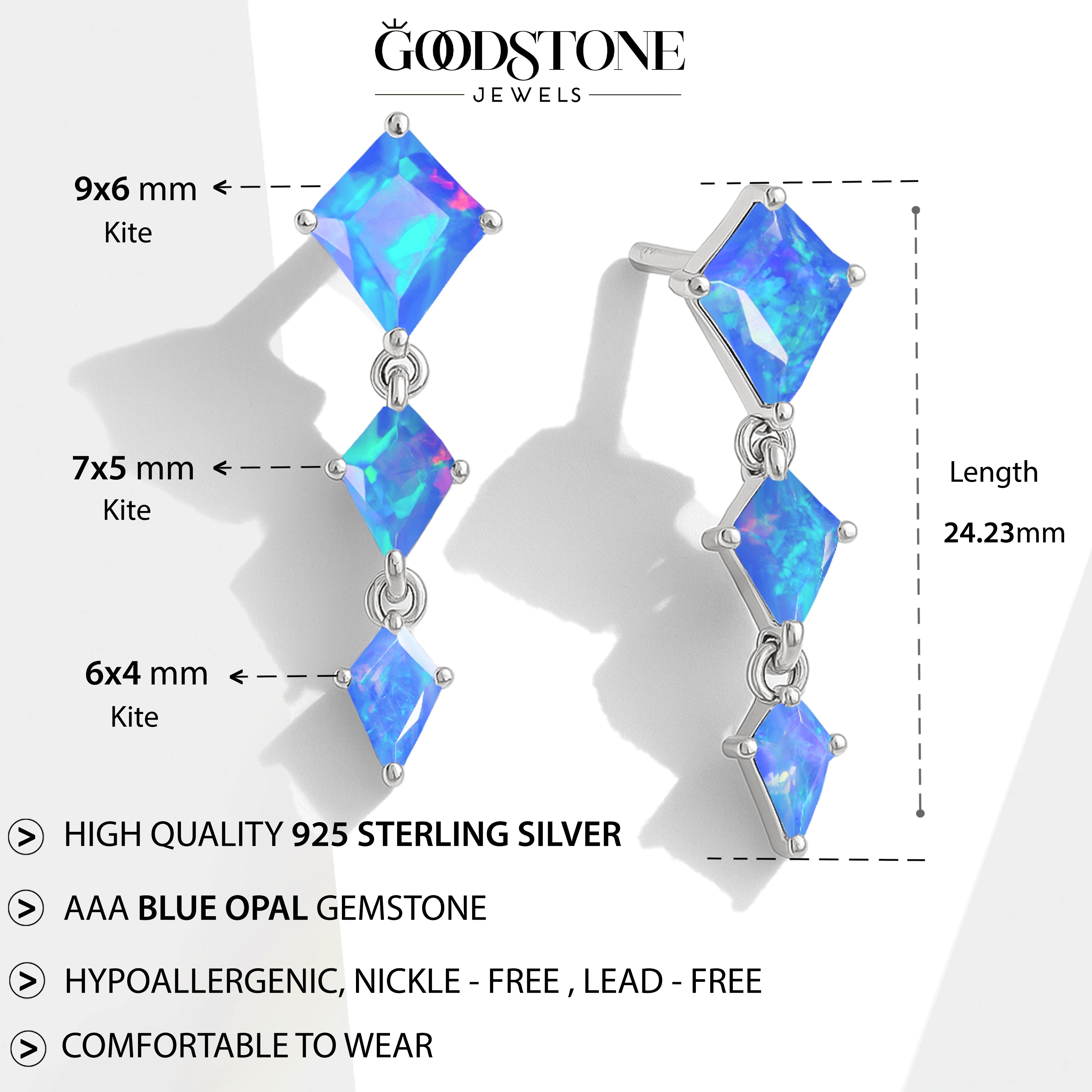 Blue Opal Kite Trio Stone Drop Earrings in 925 Sterling Silver